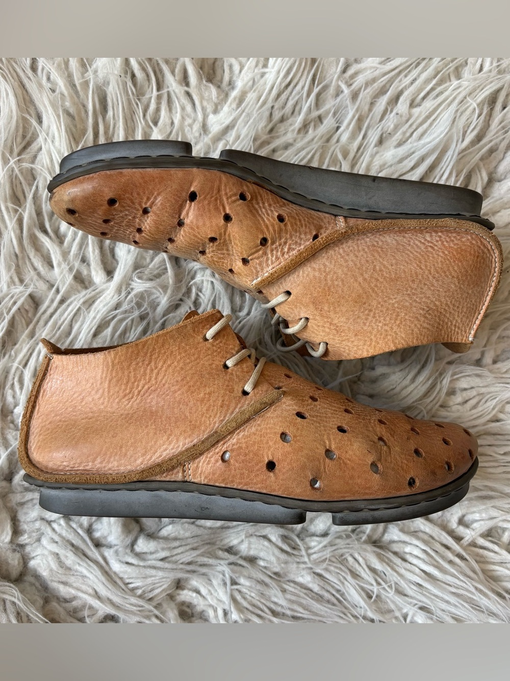 Trippen Chill Penna Mud Brown Perforated Leather Lace Up Moccasin Shoes Sz 38.5